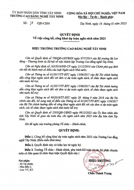 Quyết định Về việc công bố, công khai dự toán ngân sách năm 2023 của Trường Cao đẳng nghề Tây Ninh