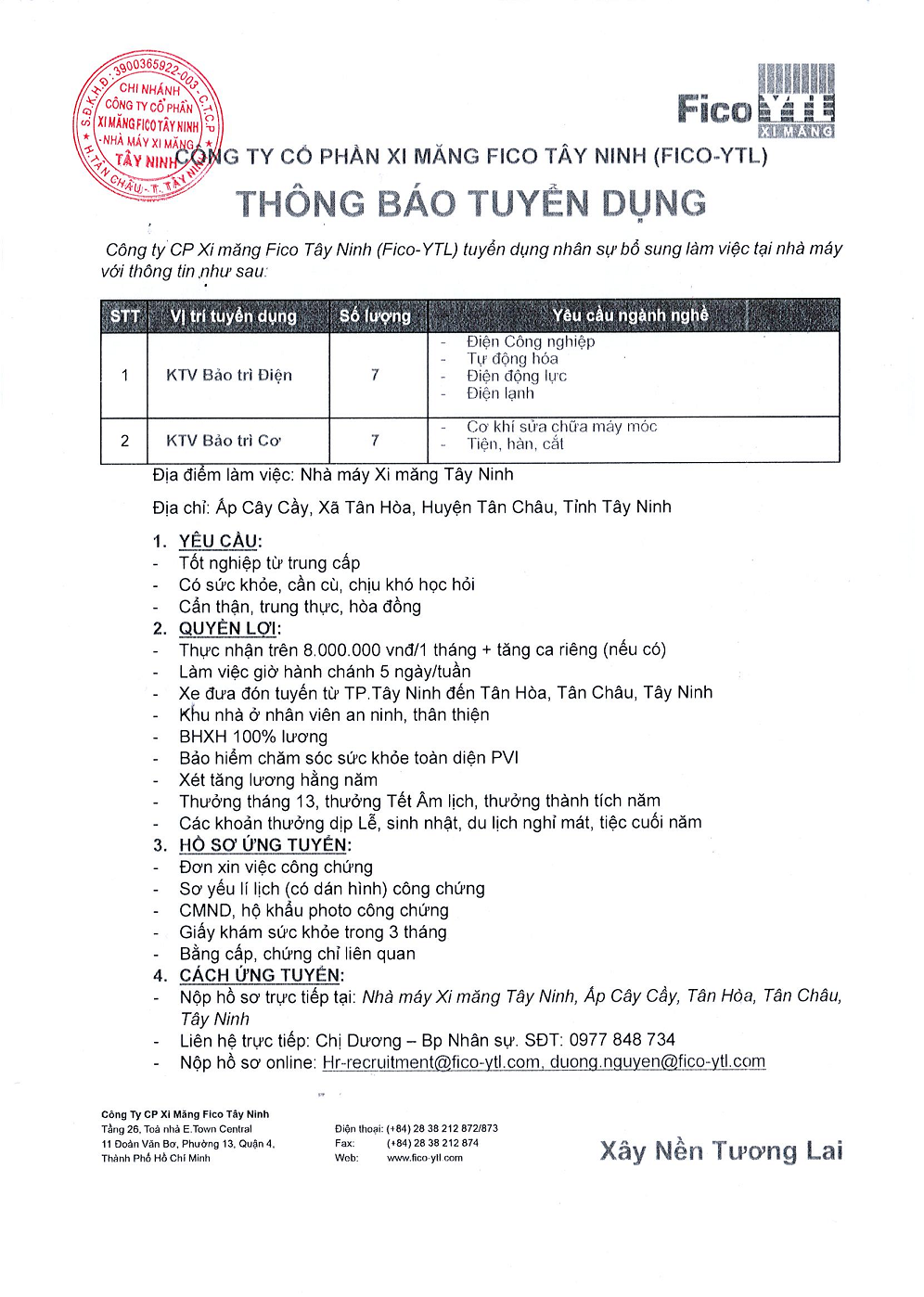 Công ty Cổ phần Xi măng FICO - Thông báo tuyển dụng