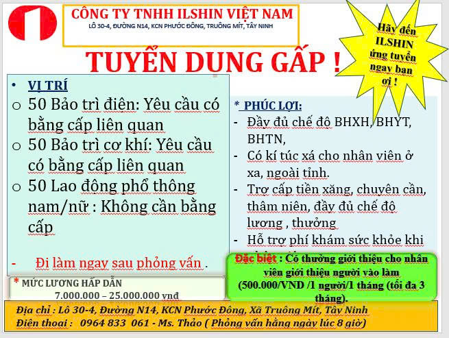 Thông tin tuyển dụng của Công ty TNHH ILSHIN Việt Nam